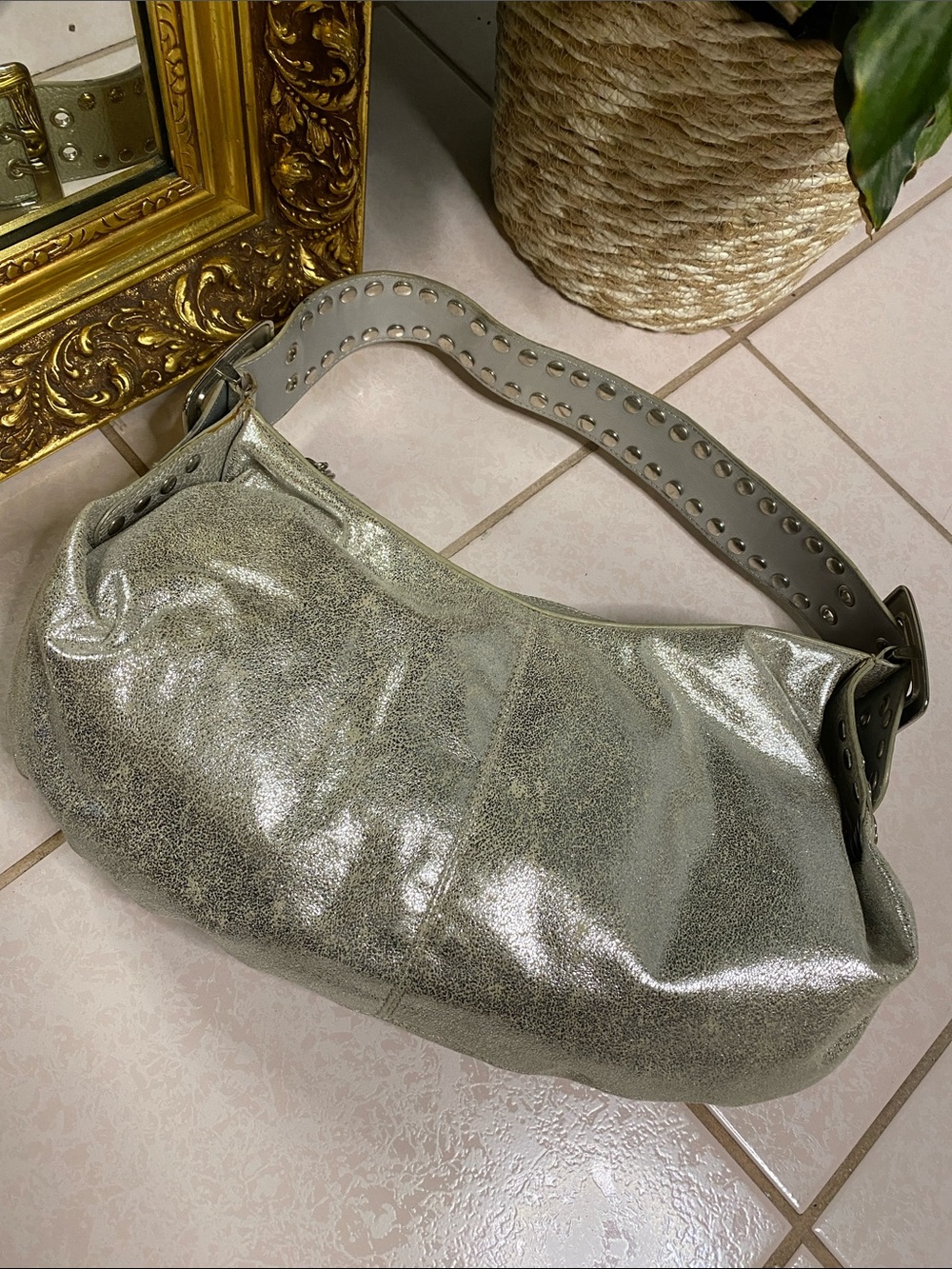Y2K Metallic Silver Shoulder Bag with Studded Strap